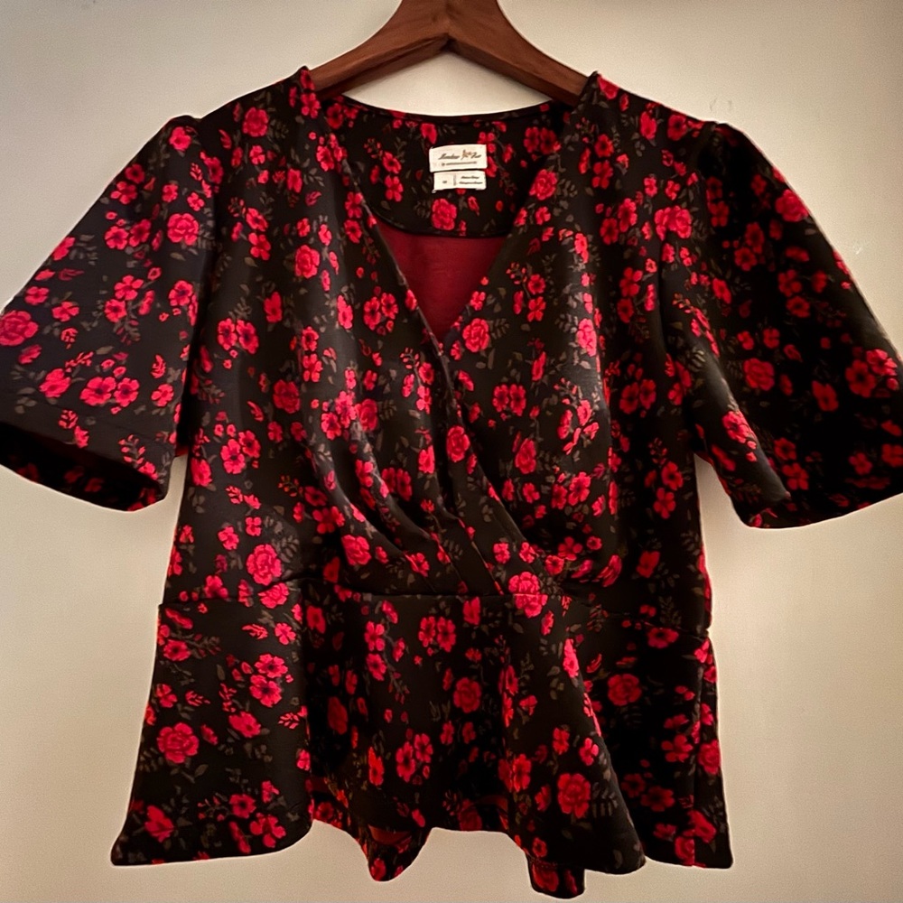 Floral Wrap Top - Red and Black